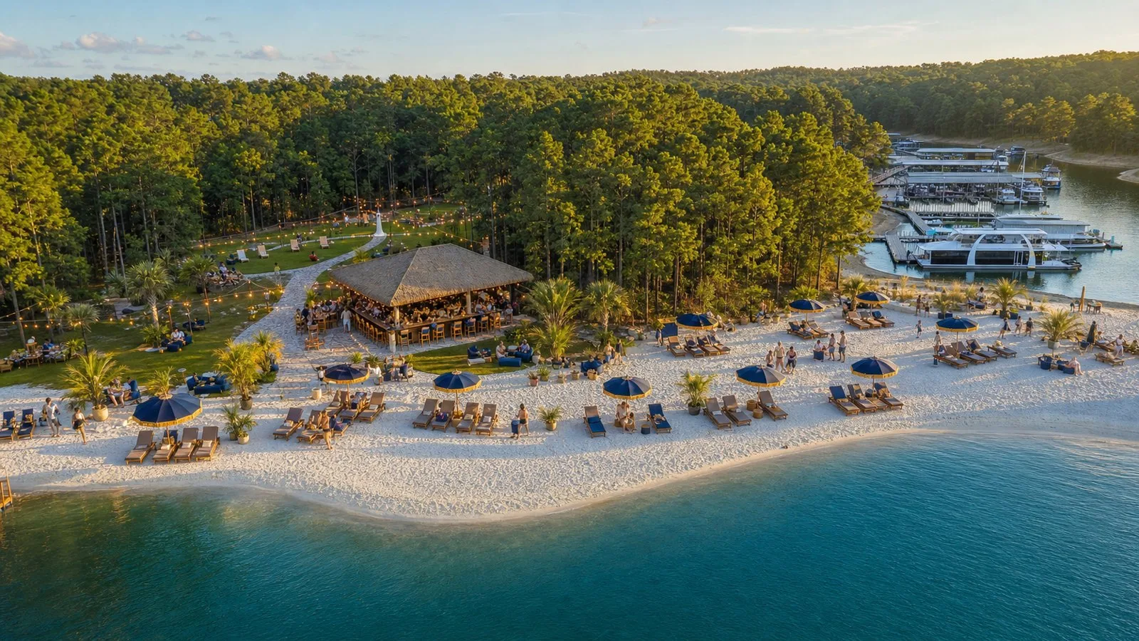 Concept aerial rendering of the white-sand beach, the thatched pavilion and the marina