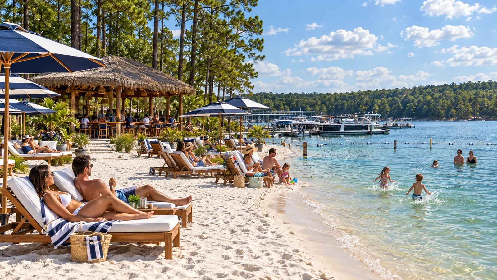 Concept rendering of loungers under striped umbrellas and children swimming in clear shallow water beside the tiki bar
