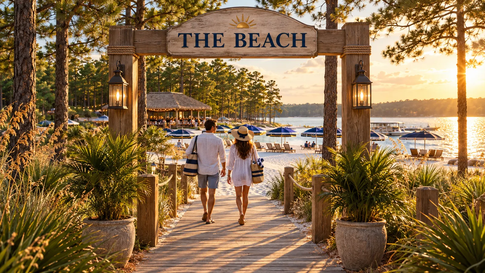 Concept rendering of a timber entry arch with a carved sign reading The Beach over a boardwalk leading to white sand, umbrellas and the lake at sunset