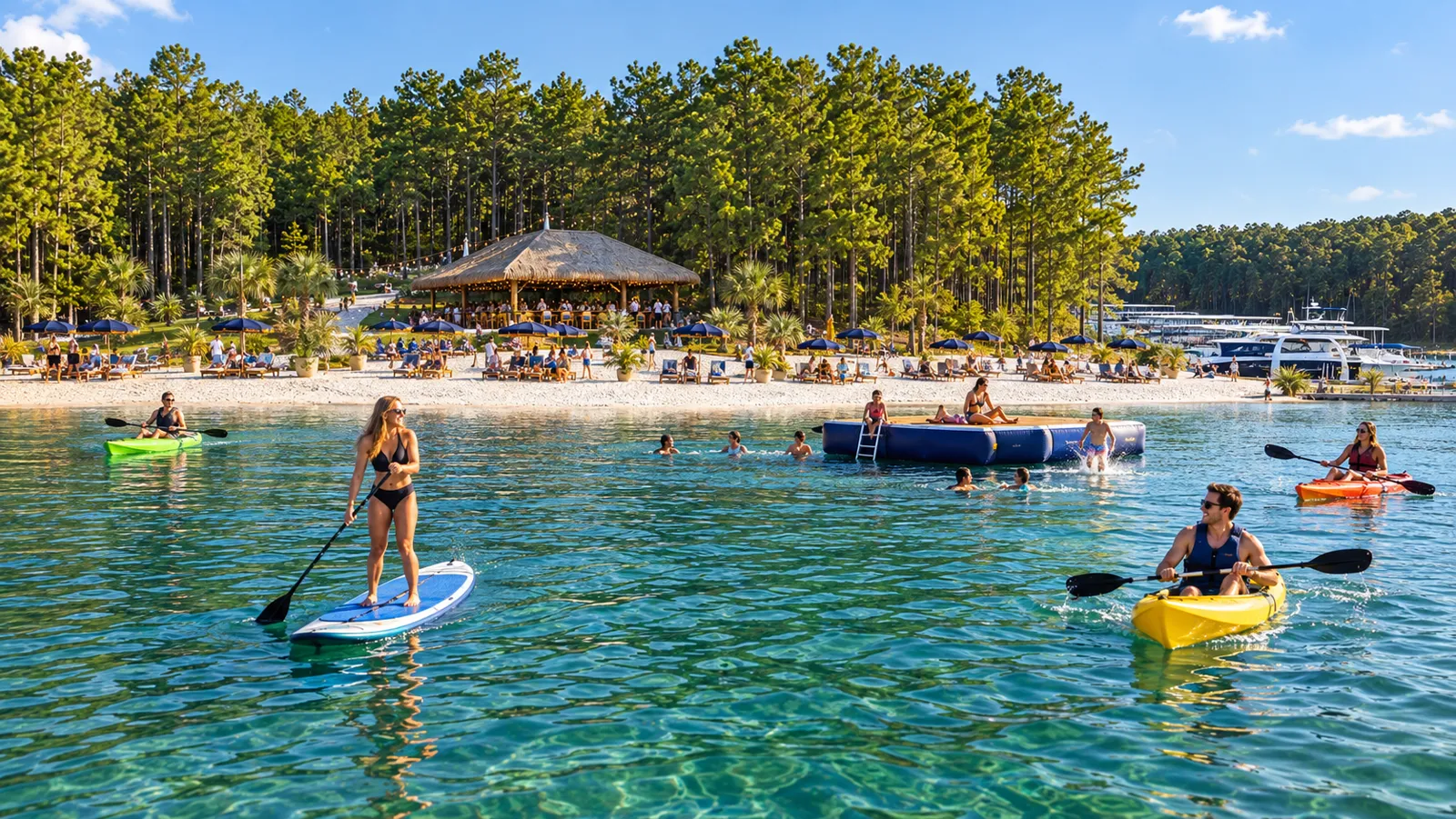 Concept rendering of paddleboarders, kayakers and a floating swim platform off the beach
