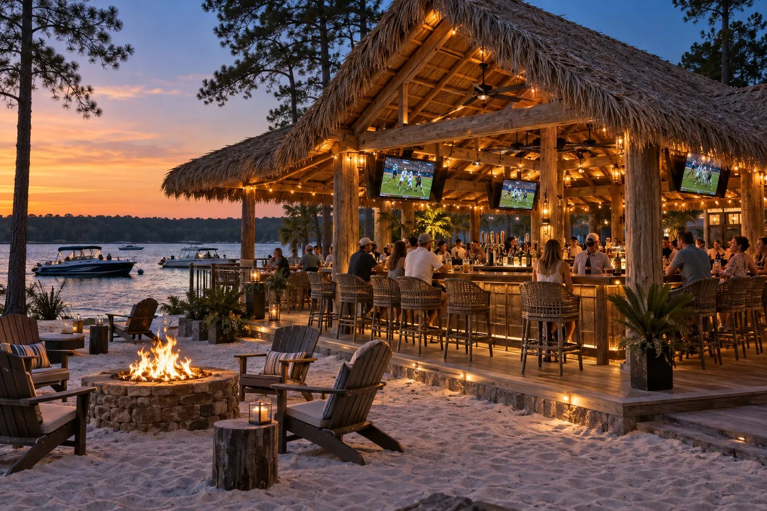 Concept rendering of the Sport and Tiki bar at sunset with game-day screens, bar seating and a fire pit on the sand