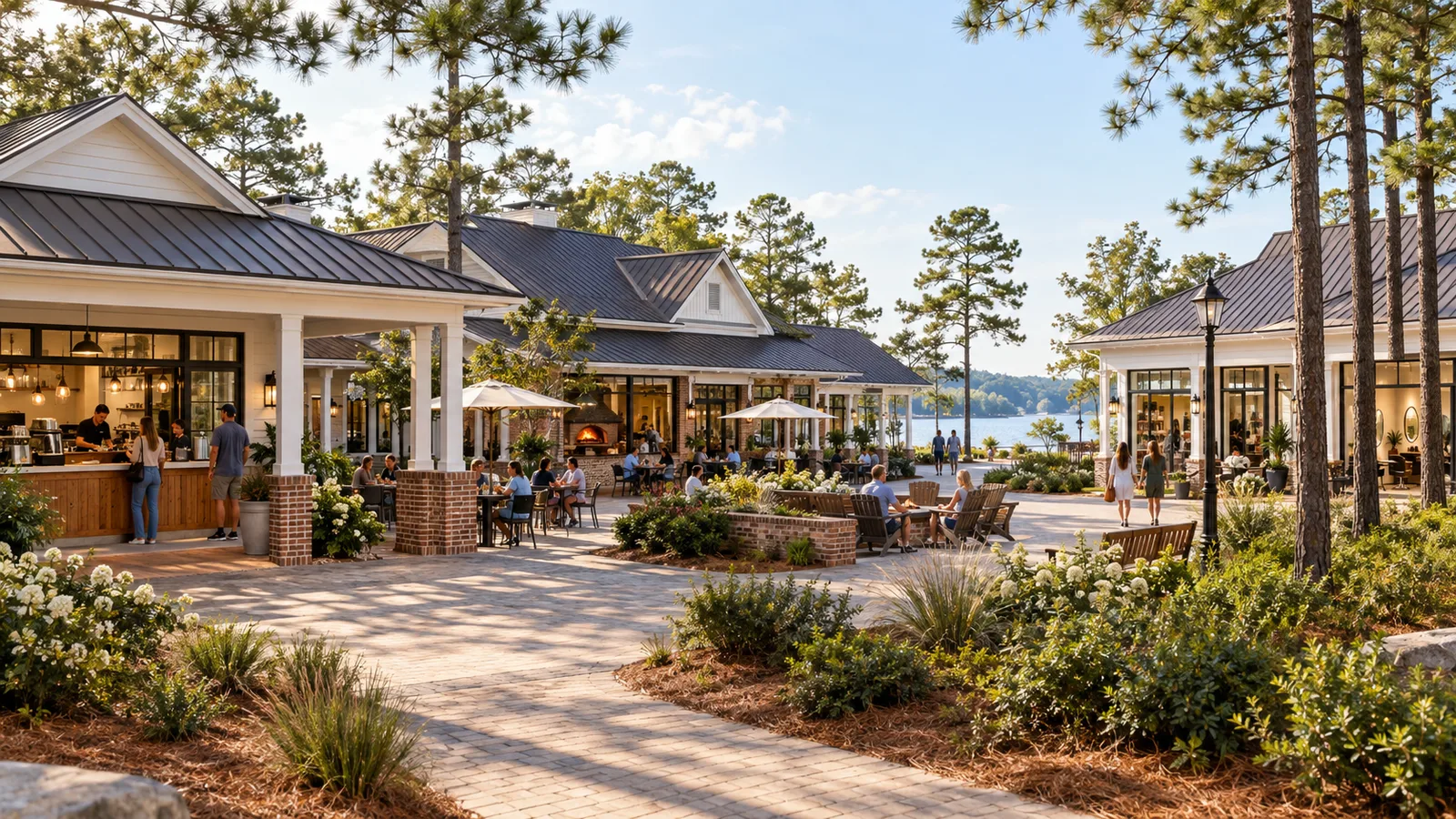 Original concept visualization of a one-story Carolina-style village-center courtyard with coffee, dining and small shops