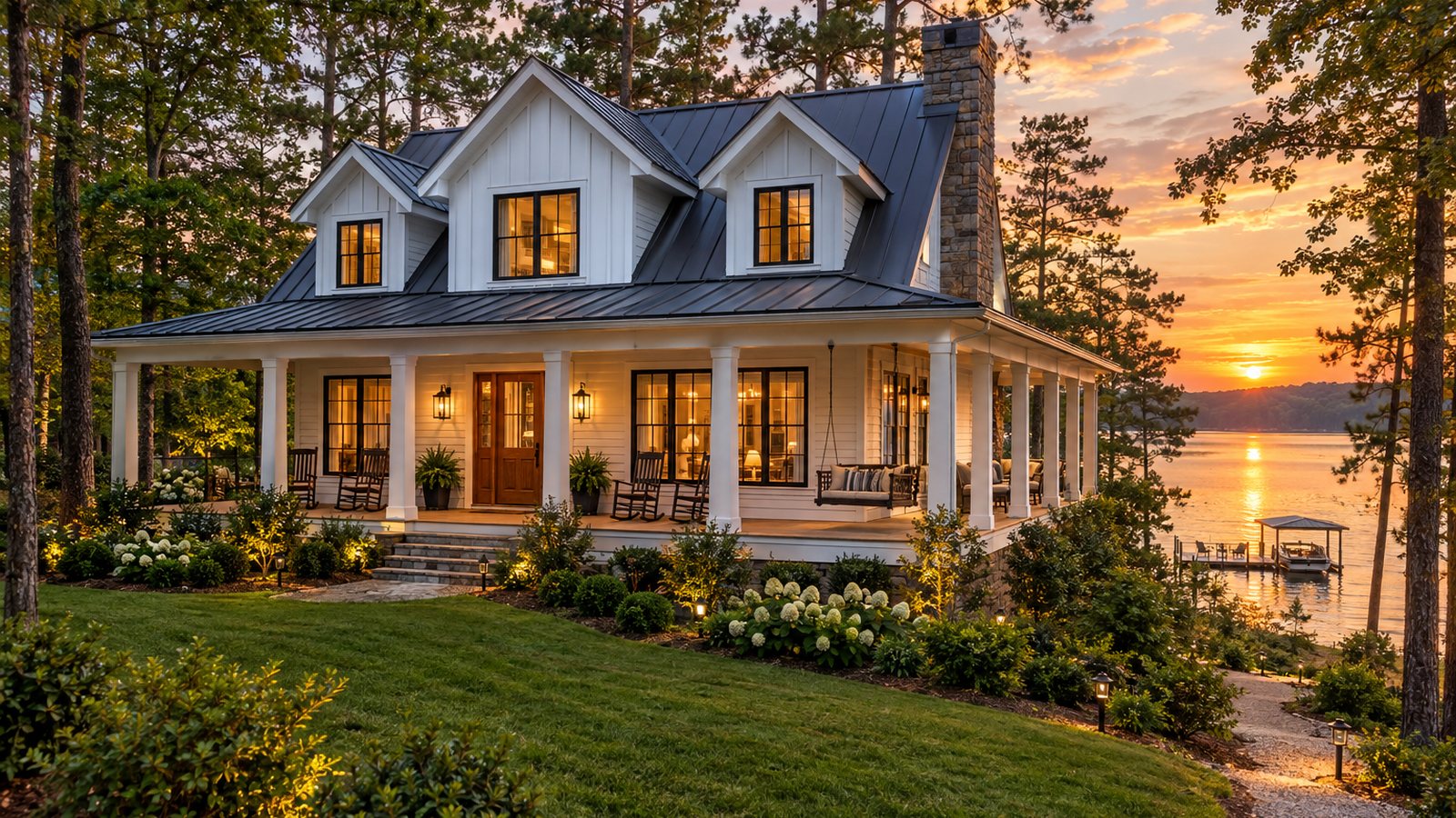 Illustrative concept of a two-story Carolina cottage with a wraparound porch at sunset