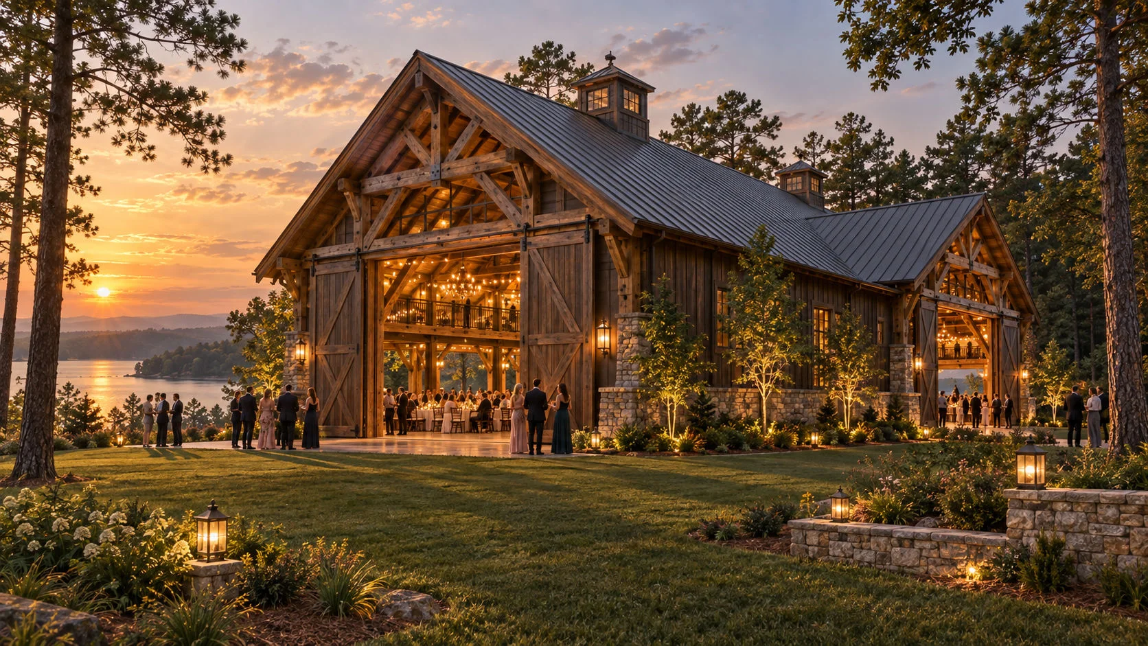 Concept rendering of a timber-frame event barn at sunset with its great sliding doors open, a reception glowing inside and guests gathering on the lawn above the lake