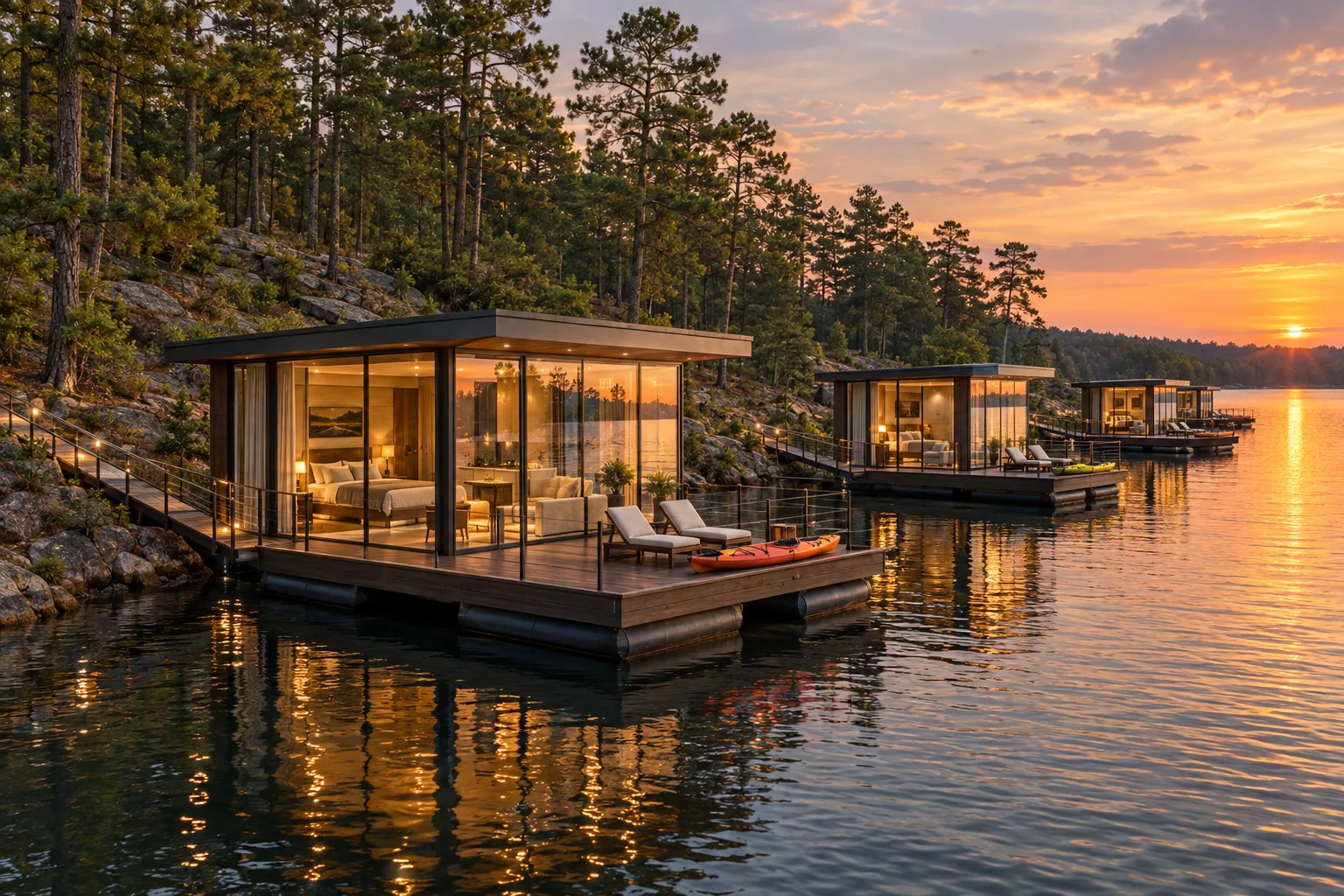 Concept rendering of modern glass cottages on floating timber platforms moored along a wooded, granite shoreline at sunset, each linked to shore by a lit gangway