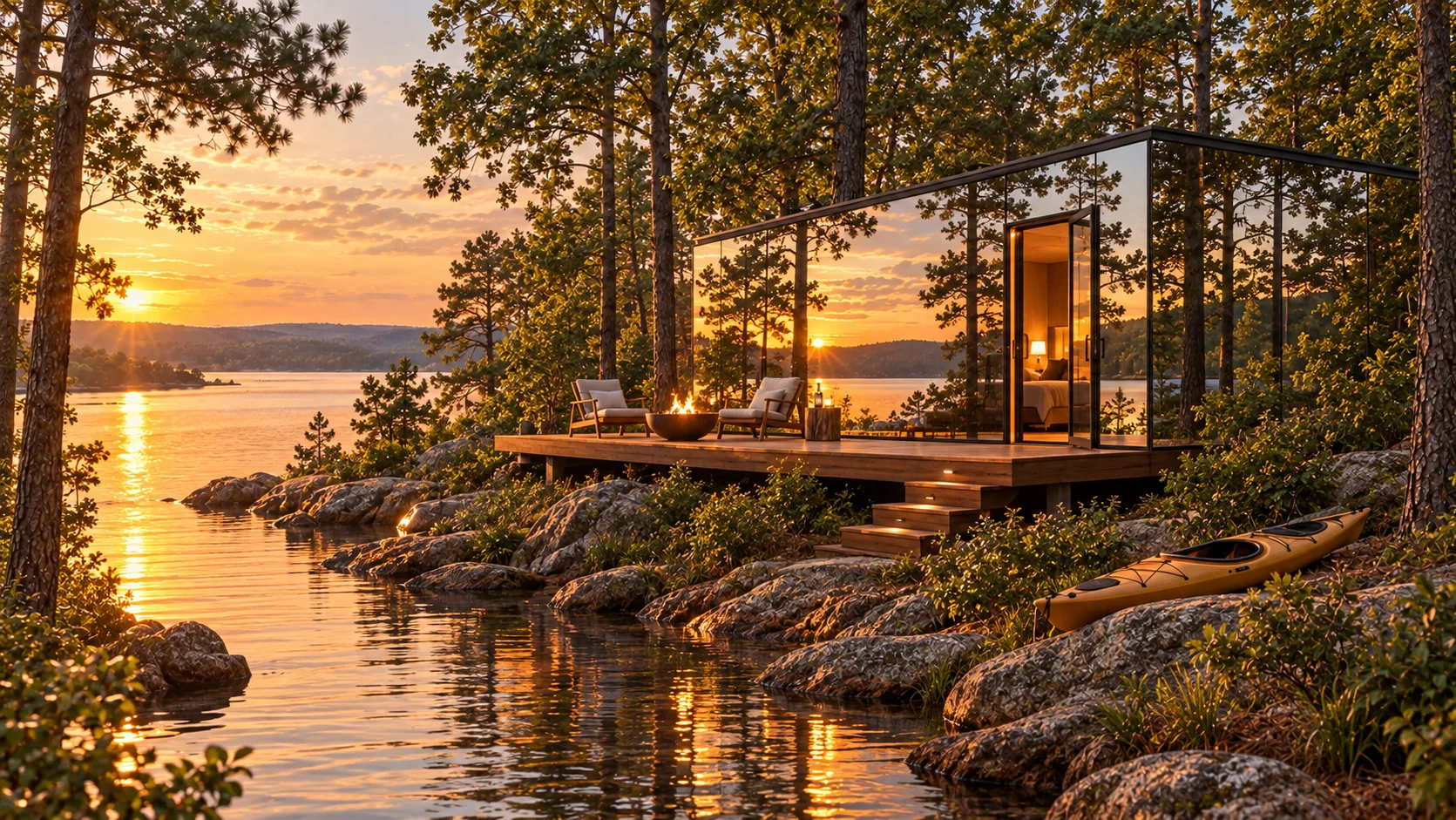 Concept rendering of a single mirrored-glass cottage on a cedar deck at the water's edge with lounge chairs, a fire bowl and a kayak
