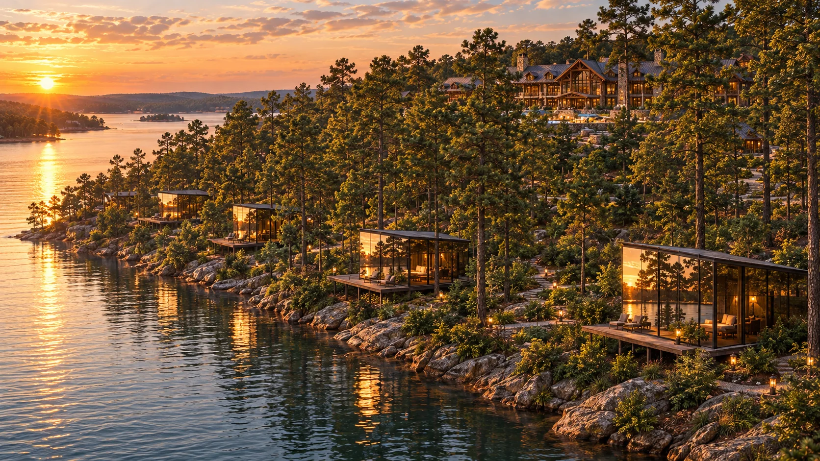 Concept rendering of mirrored-glass cottages interspersed along the wooded shoreline at sunset