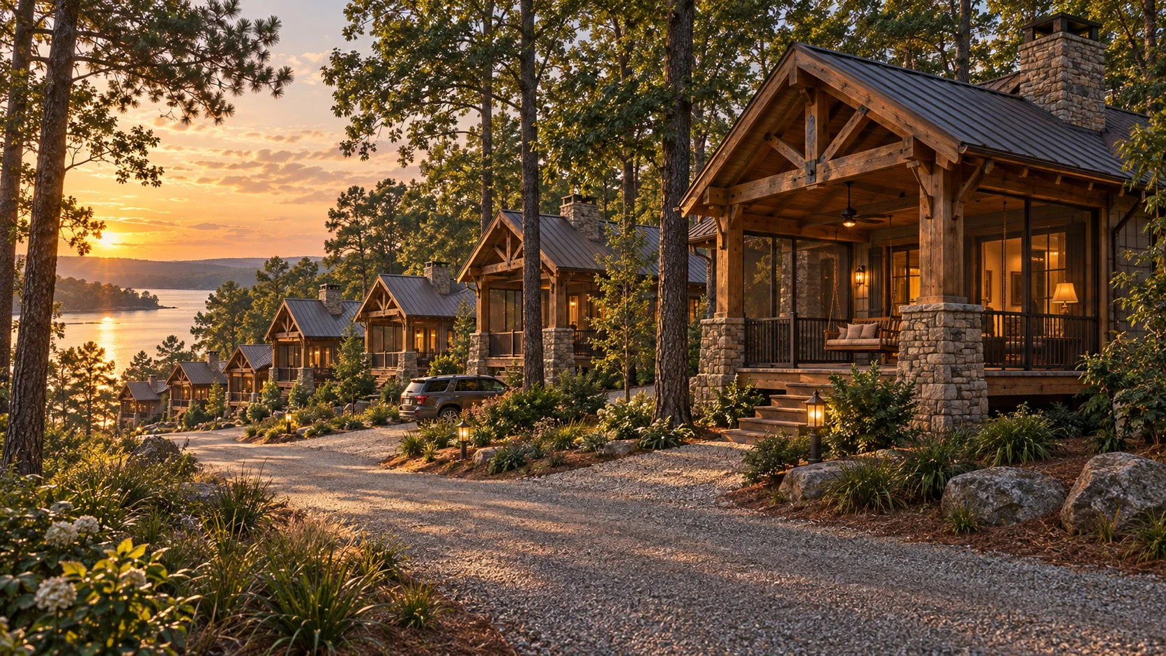 Concept rendering of timber-and-stone guest cottages with stone chimneys and lit porches along a lantern-lined lane through the pines at sunset