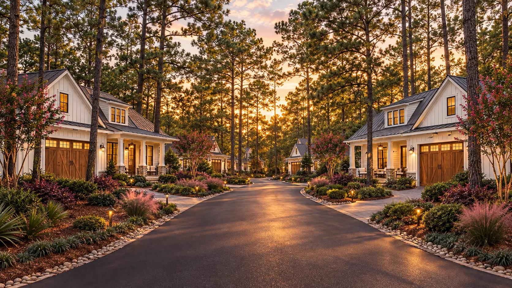 Concept rendering of Charleston-style cottages along Whitney Drive at golden hour